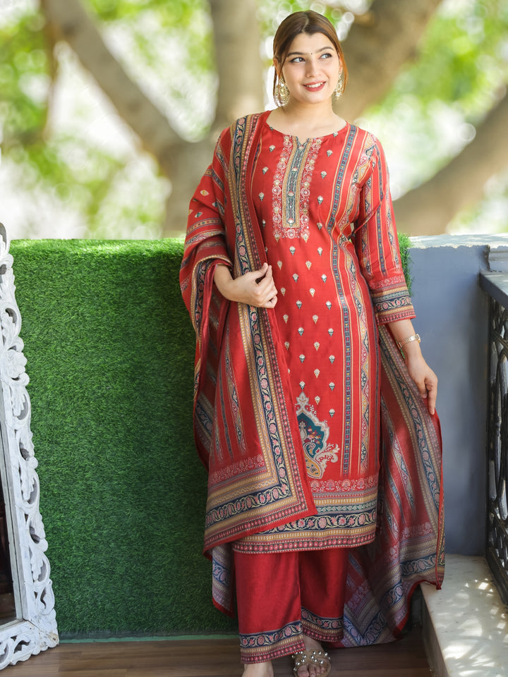 Mayra Berry Red Embellish Neck Workin Panel with Floral Printed Modal 3 Piece Set