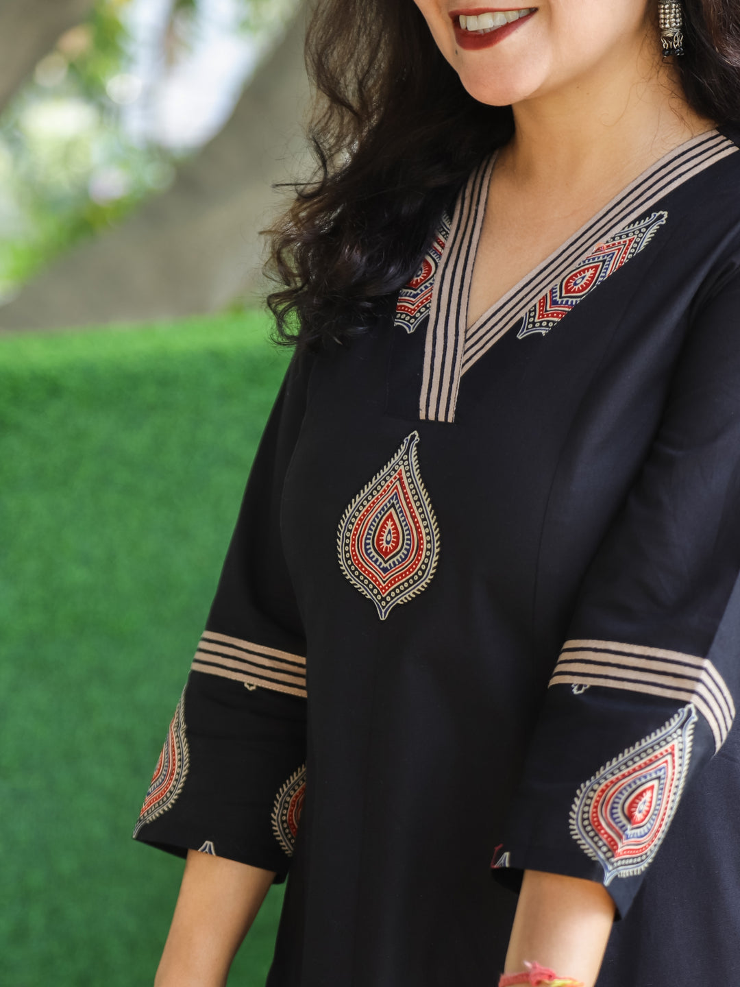 Rivaazi Ebony Black V Neck and Mirror Patch in Printed Hemline Anarkali Cotton Kurti