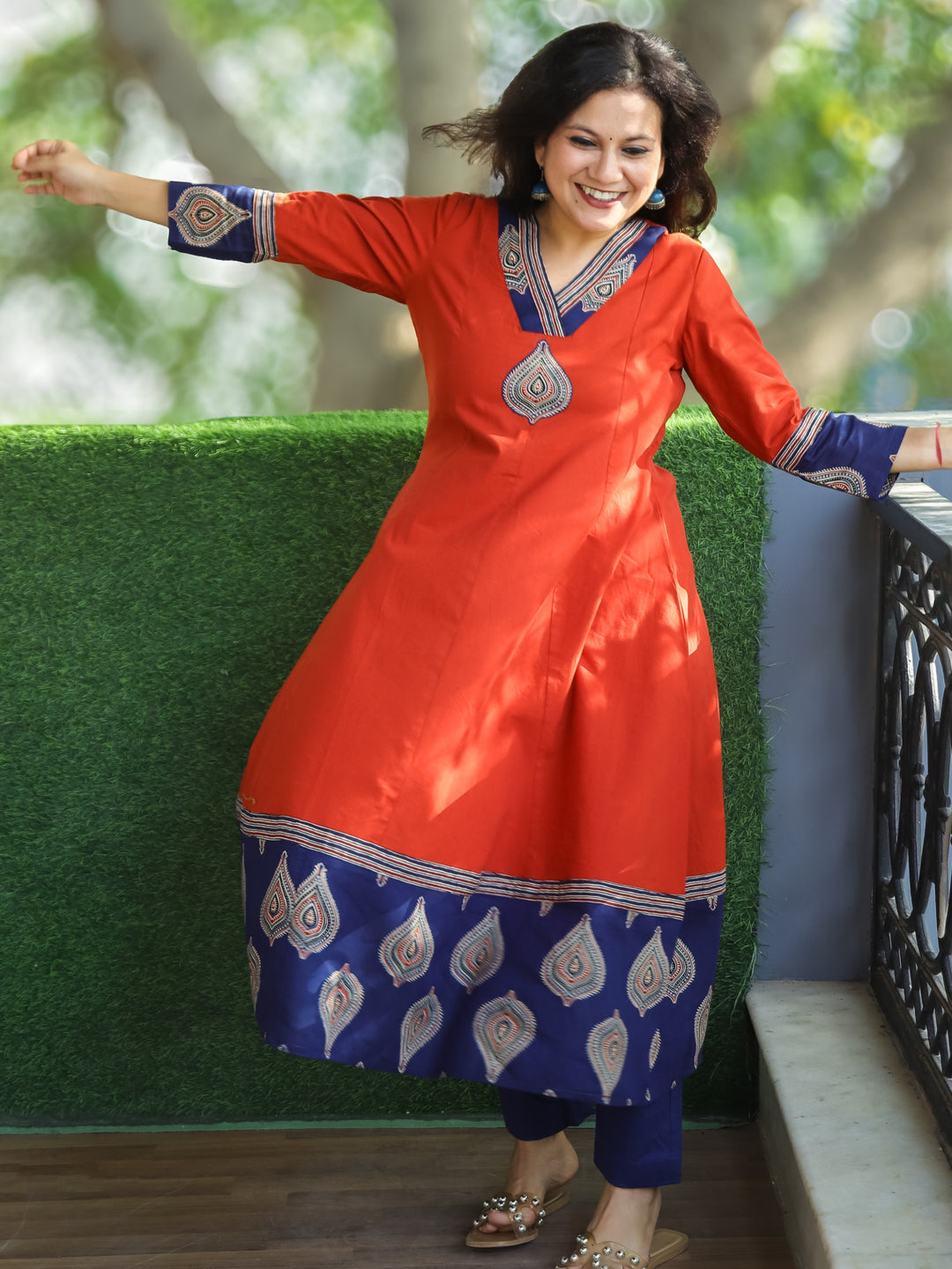 Rivaazi Rust Orange V Neck and Mirror Patch in Printed Hemline Anarkali Cotton Kurti