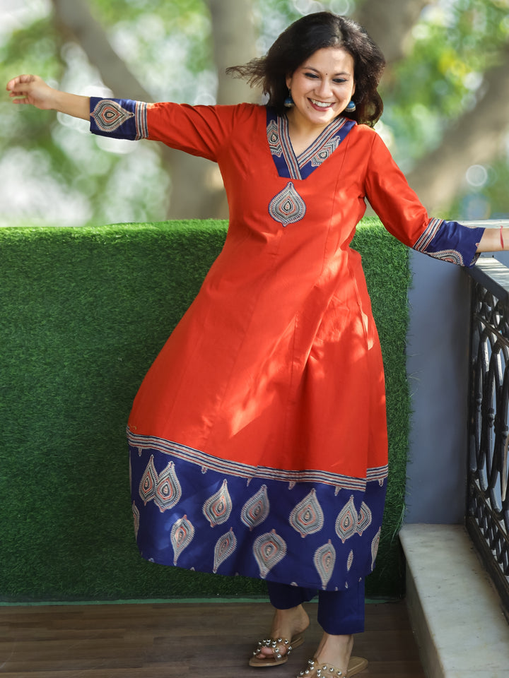 Rivaazi Rust Orange V Neck and Mirror Patch in Printed Hemline Anarkali Cotton Kurti