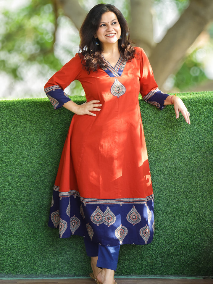 Rivaazi Rust Orange V Neck and Mirror Patch in Printed Hemline Anarkali Cotton Kurti