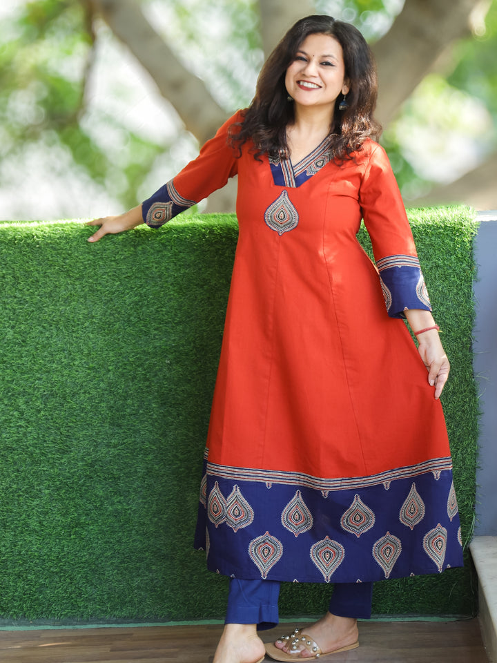 Rivaazi Rust Orange V Neck and Mirror Patch in Printed Hemline Anarkali Cotton Kurti
