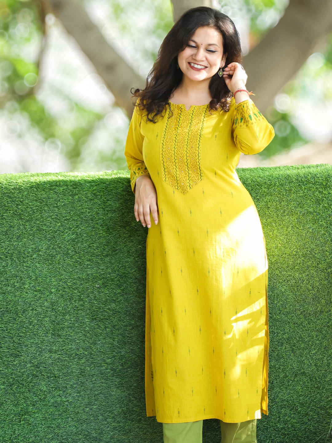 Saloni Dijon Yellow Thread with Sequine Work in Pigment Printed Cotton Kurti