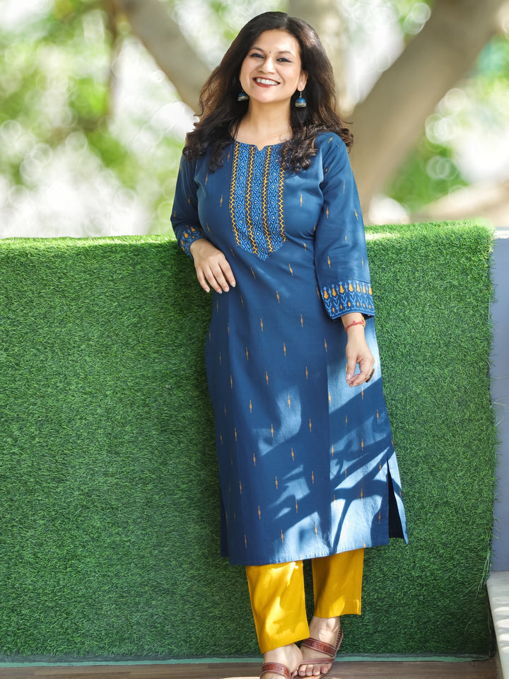 Saloni Denim Blue Thread with Sequine Work in Pigment Printed Cotton Kurti