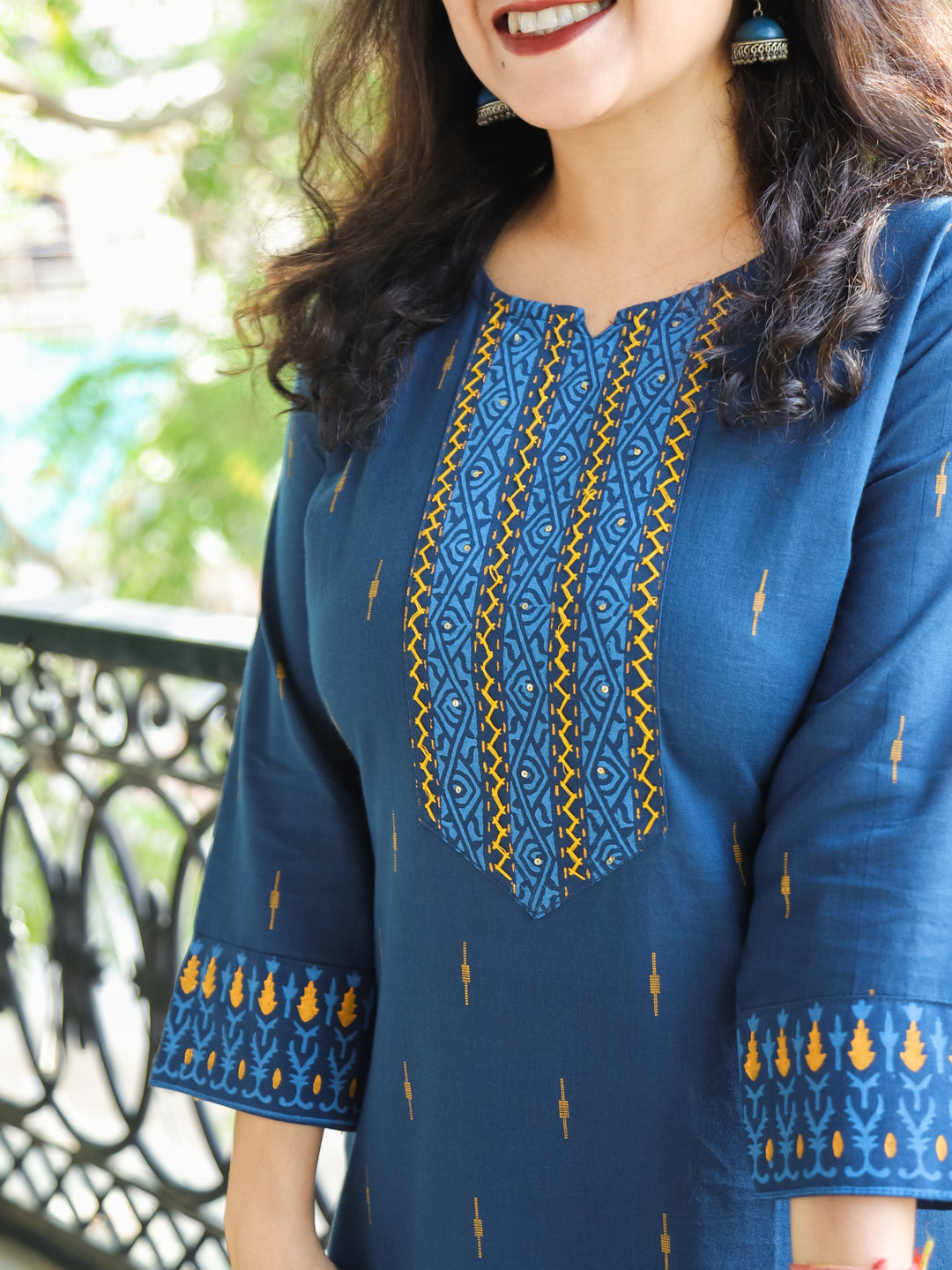 Saloni Denim Blue Thread with Sequine Work in Pigment Printed Cotton Kurti