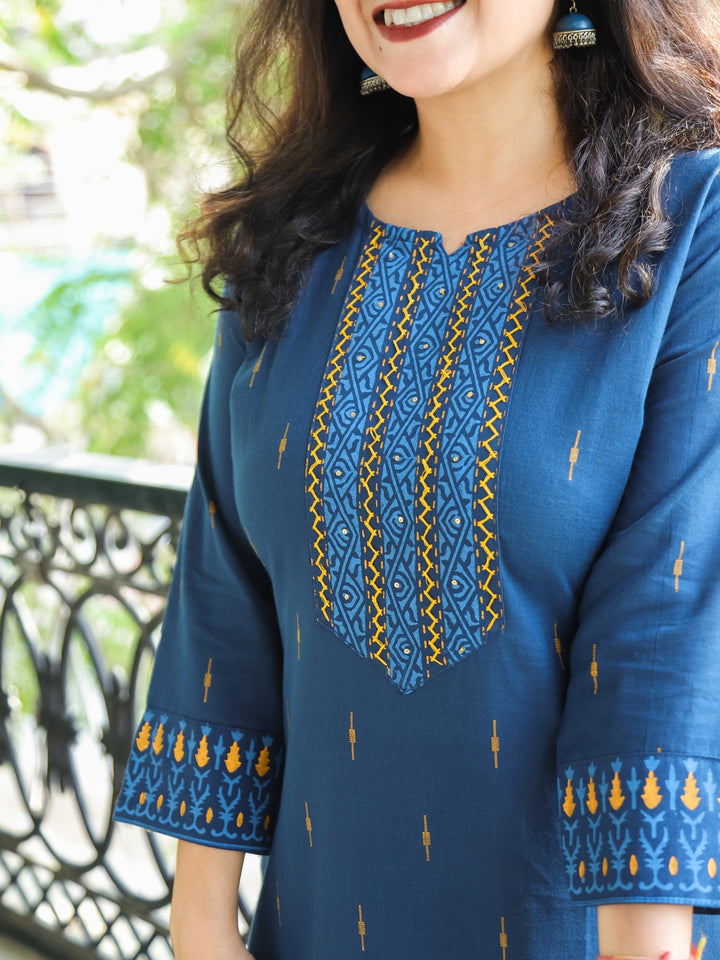 Saloni Denim Blue Thread with Sequine Work in Pigment Printed Cotton Kurti