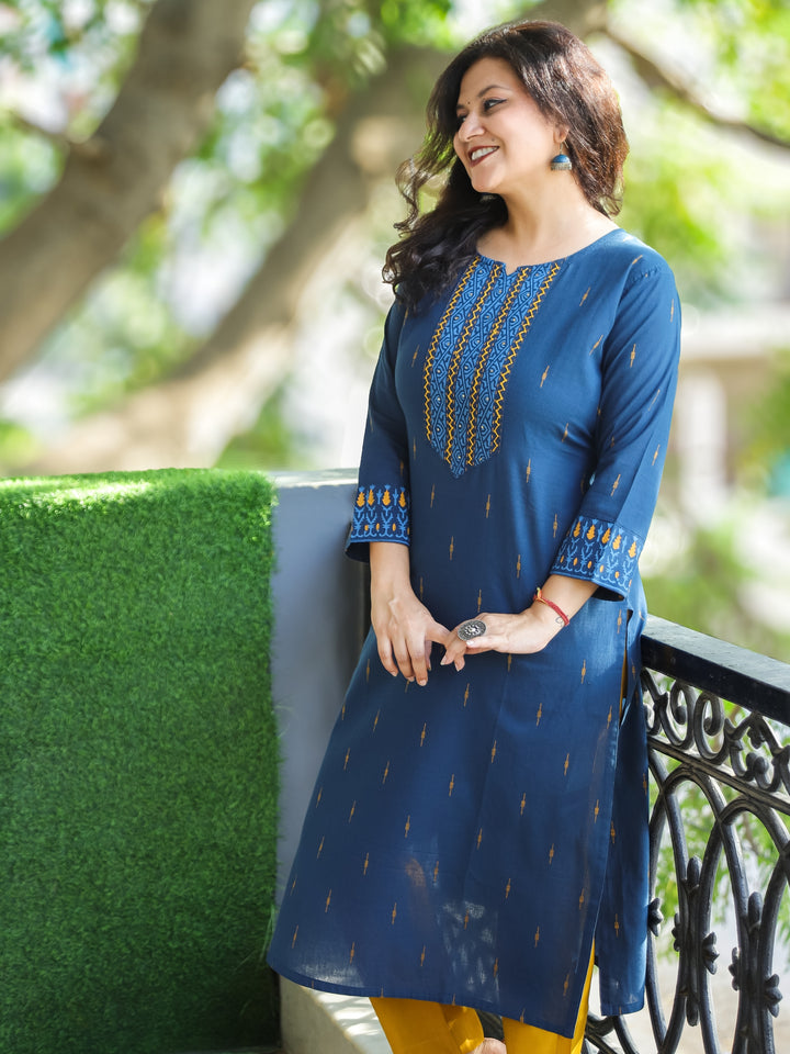 Saloni Denim Blue Thread with Sequine Work in Pigment Printed Cotton Kurti