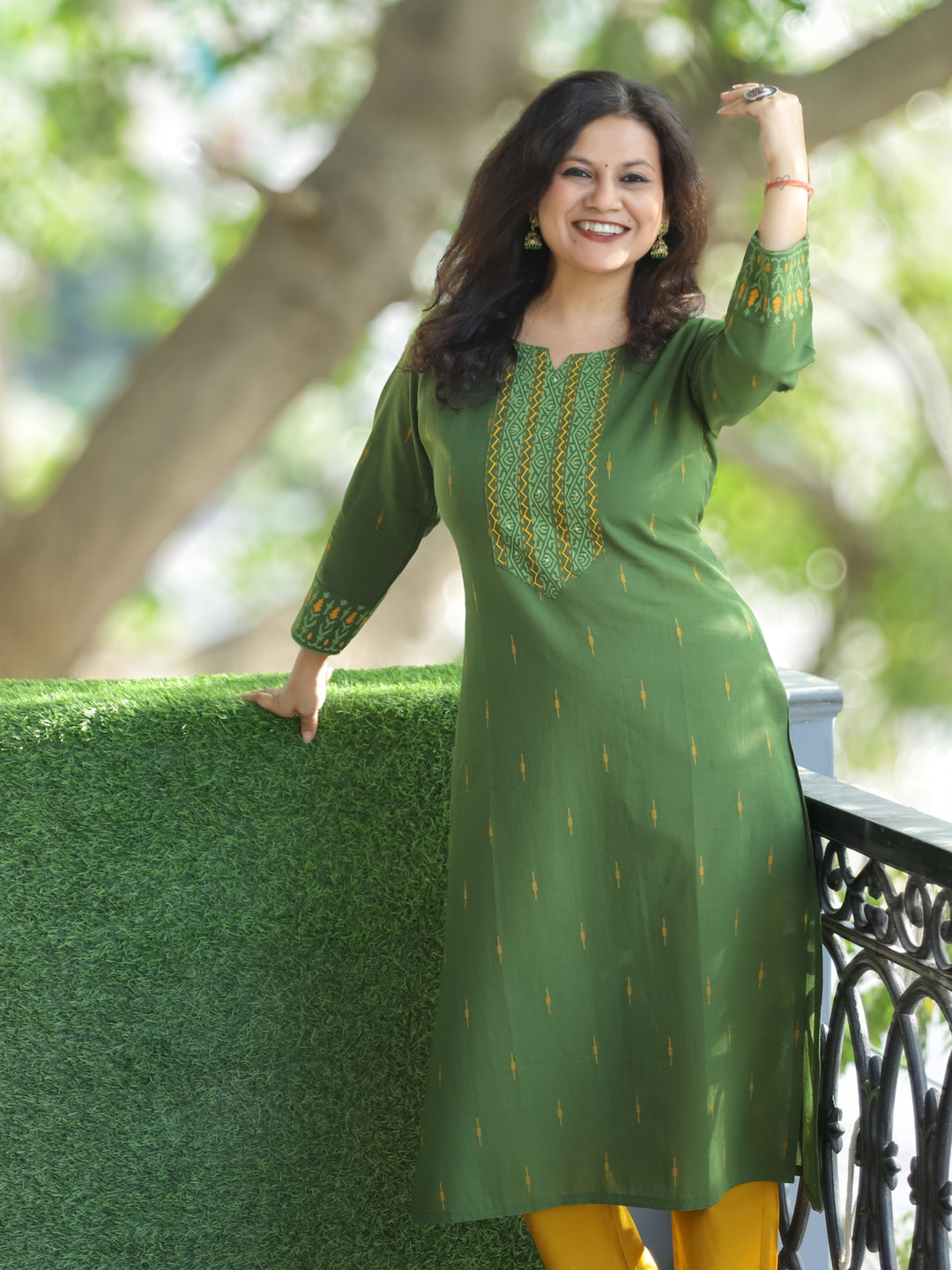 Saloni Forest Green Thread with Sequine Work in Pigment Printed Cotton Kurti