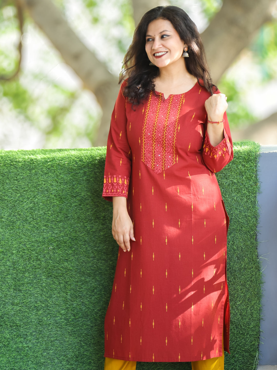 Saloni Maroon Red Thread with Sequine Work in Pigment Printed Cotton Kurti