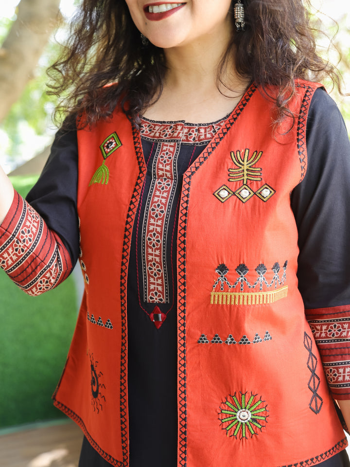 Sejal Rust Orange All Over Embroidered Work Cotton Jacket