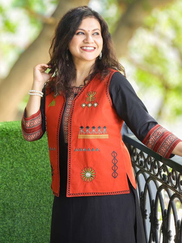 Sejal Rust Orange All Over Embroidered Work Cotton Jacket
