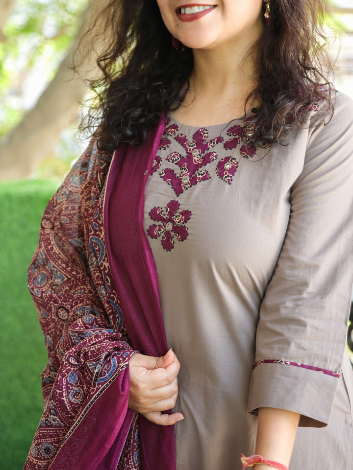 Roohi Tan Taupe Applique Printed Patch Work on Neck Cotton 3 PIece Set