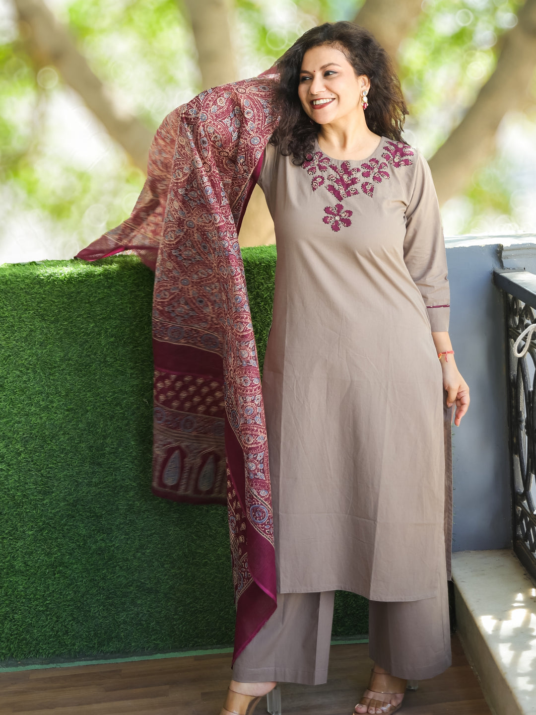 Roohi Tan Taupe Applique Printed Patch Work on Neck Cotton 3 PIece Set