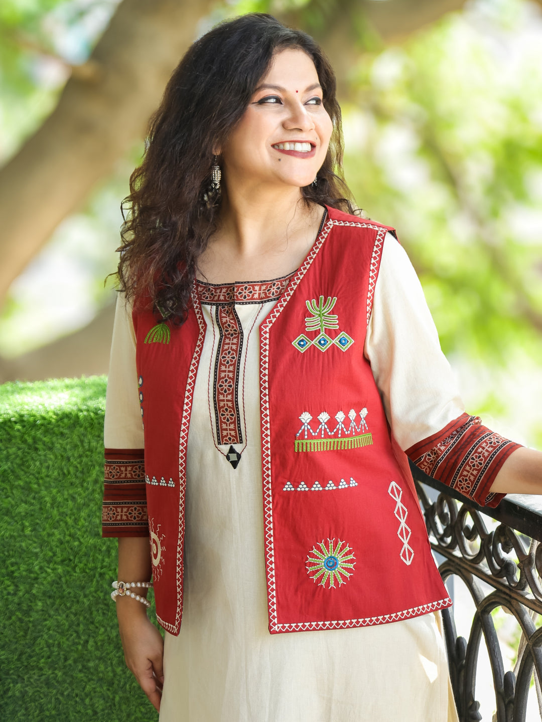 Sejal Maroon Red All Over Embroidered Work Cotton Jacket