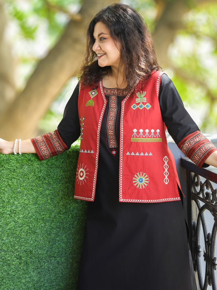Sejal Maroon Red All Over Embroidered Work Cotton Jacket