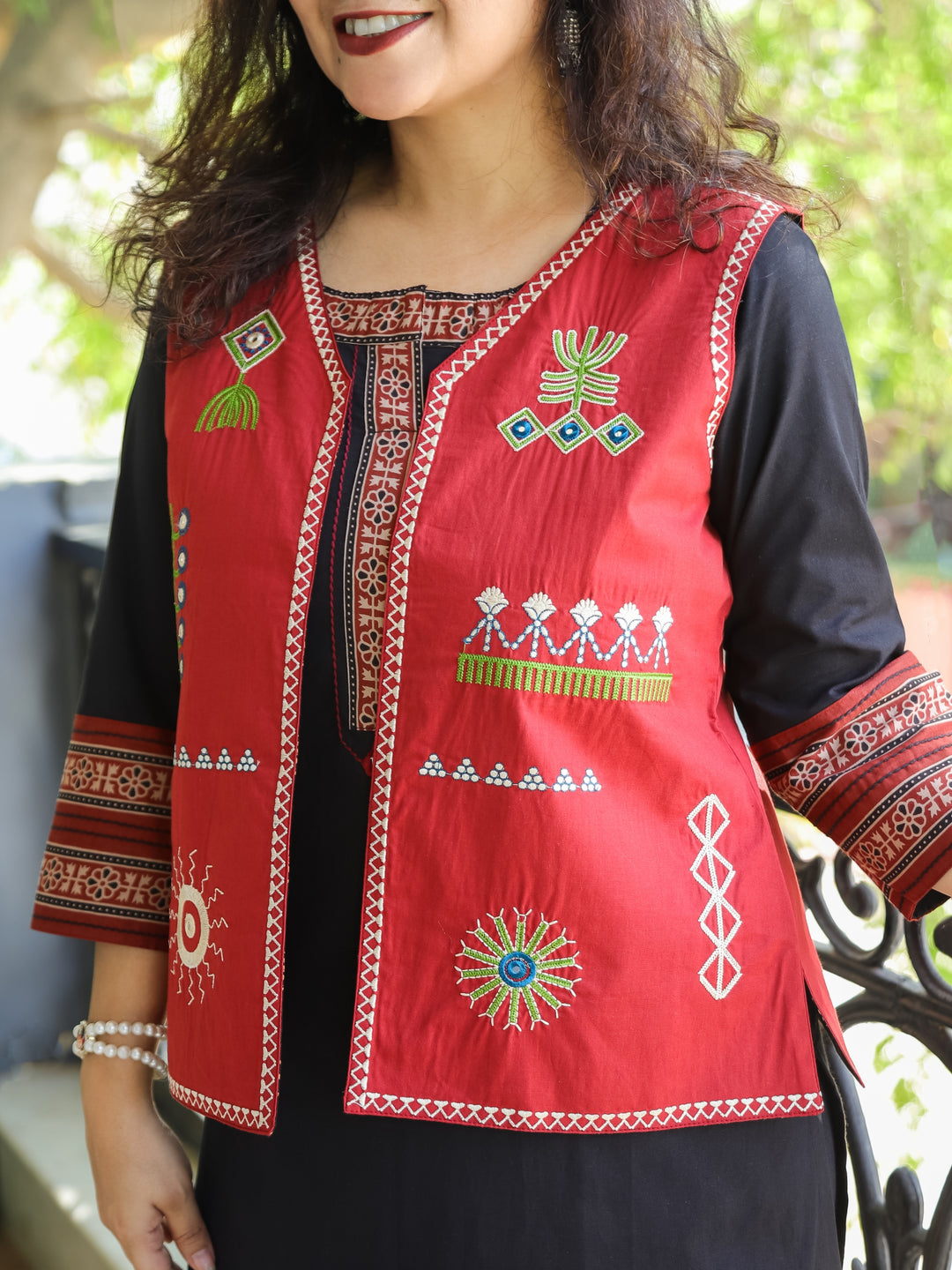 Sejal Maroon Red All Over Embroidered Work Cotton Jacket