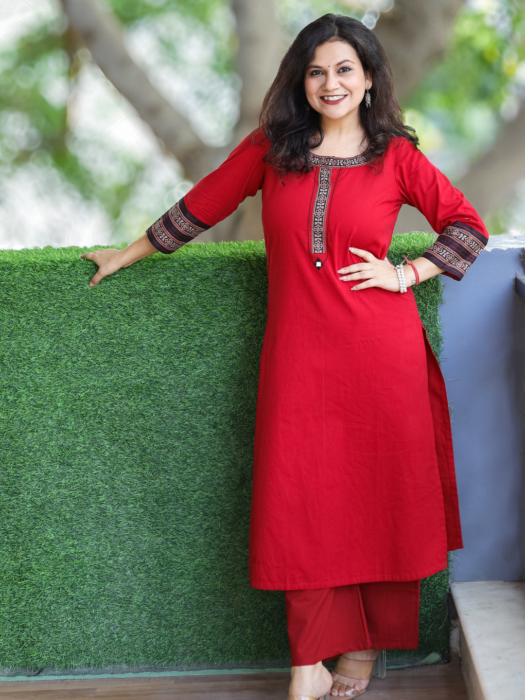 Sajj Maroon Red Round Neck with Printed Patch Work Cotton Kurti