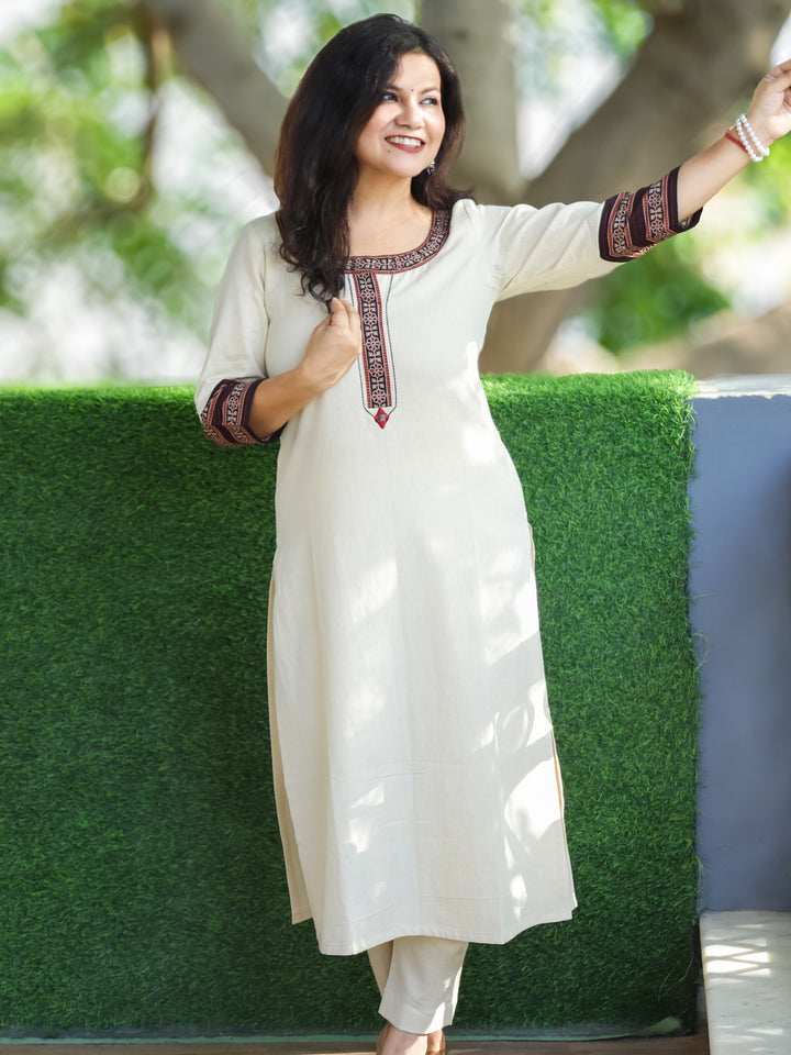 Sajj Sand Beige Round Neck with  Black Printed Patch Work Cotton 2 Piece Set D2
