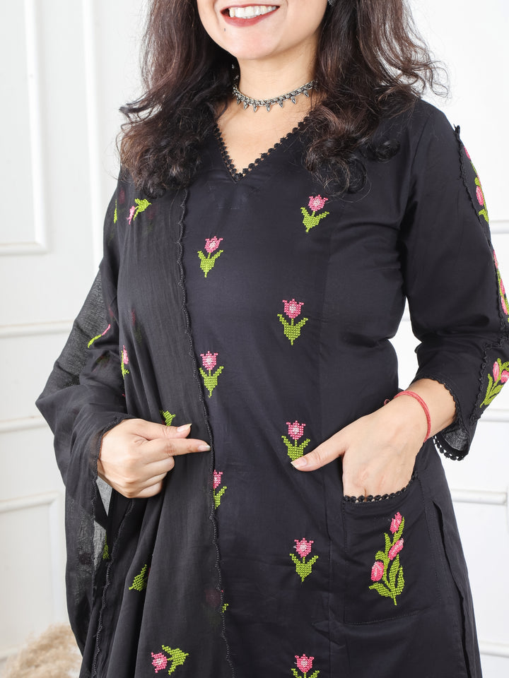 Haseena Black V Neck in All Over Cross-Stitch Embroidery in Panel Style Cotton 3 Piece Set