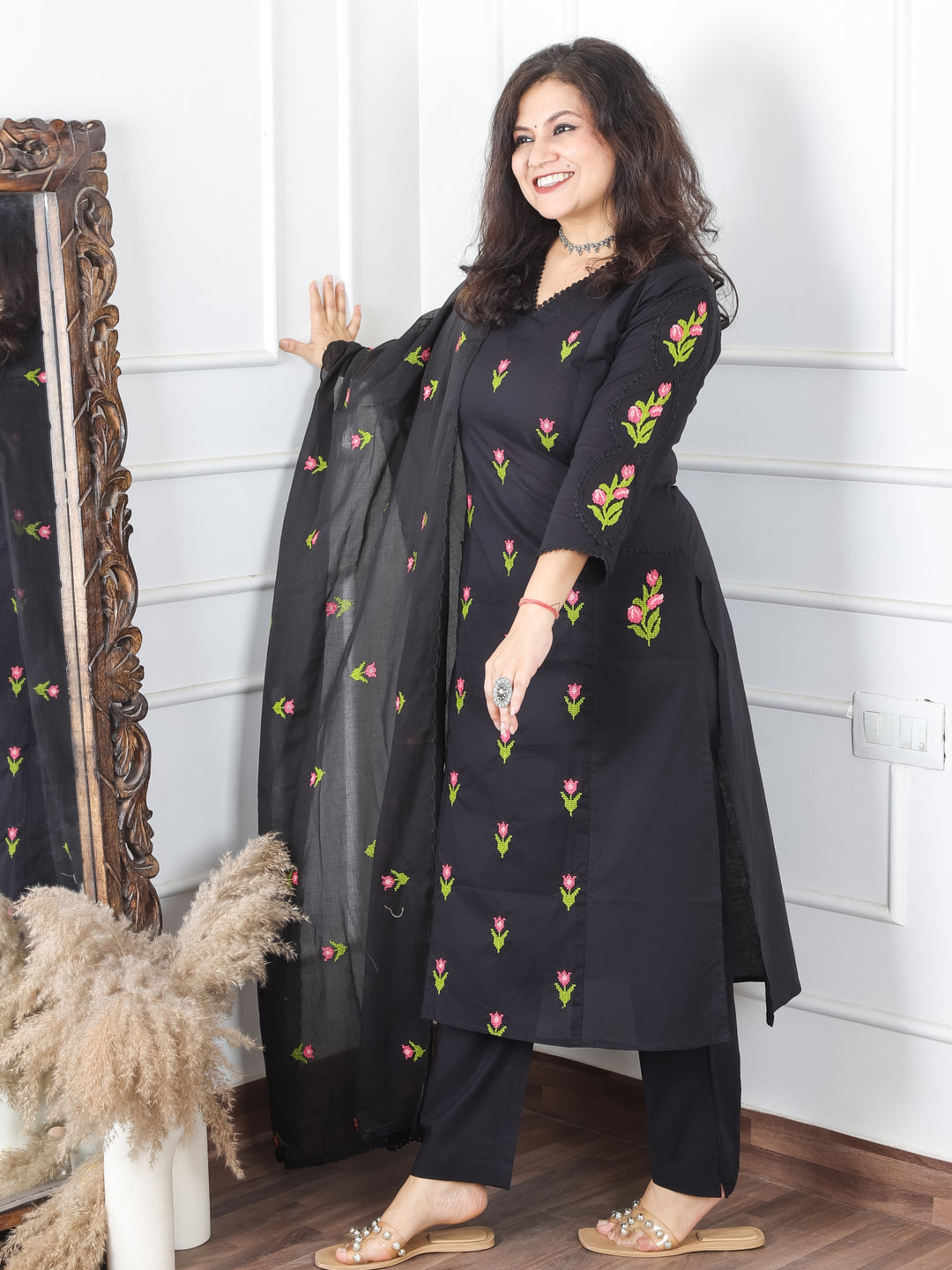 Haseena Black V Neck in All Over Cross-Stitch Embroidery in Panel Style Cotton 3 Piece Set