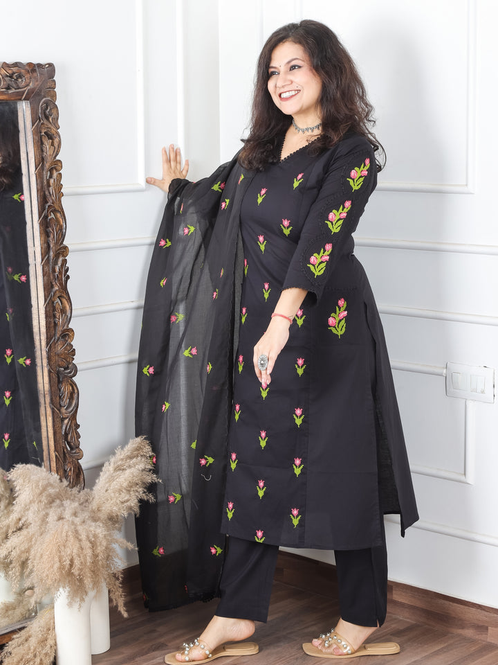 Haseena Black V Neck in All Over Cross-Stitch Embroidery in Panel Style Cotton 3 Piece Set