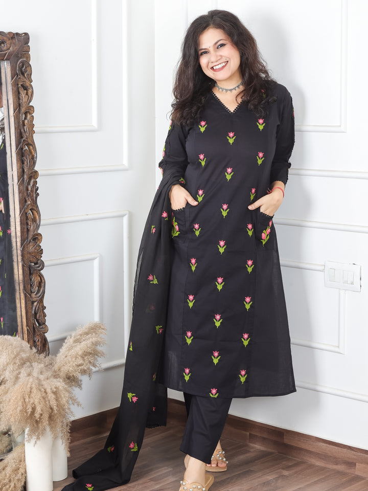 Haseena Black V Neck in All Over Cross-Stitch Embroidery in Panel Style Cotton 3 Piece Set