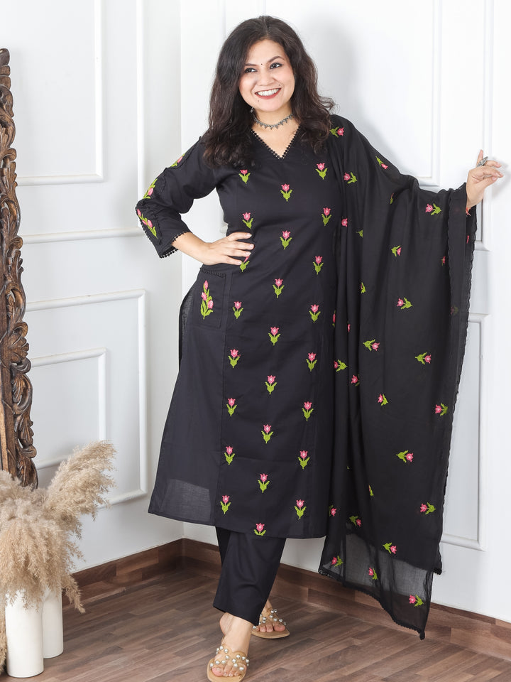 Haseena Black V Neck in All Over Cross-Stitch Embroidery in Panel Style Cotton 3 Piece Set
