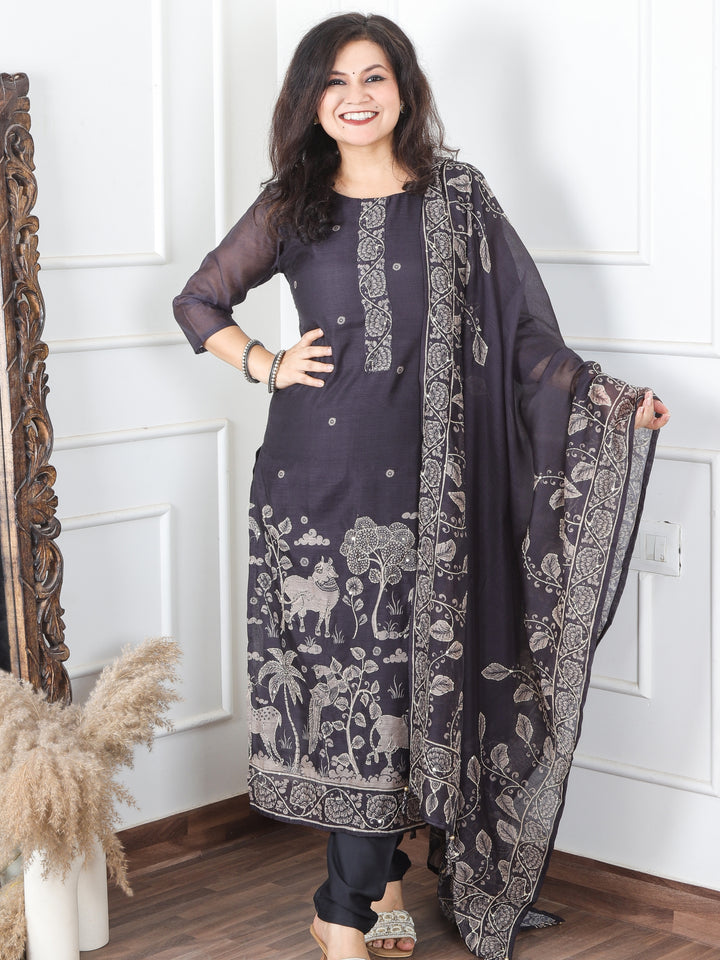 Jiya Stone Grey Digital Printed Hemline with Kantha Detailing Chanderi 3 Piece Set