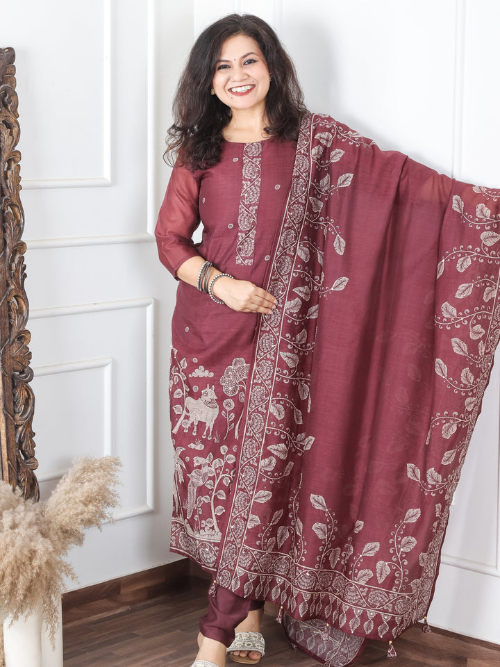 Jiya Burgundy Maroon Digital Printed Hemline with Kantha Detailing Chanderi 3 Piece Set