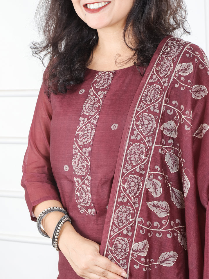 Jiya Burgundy Maroon Digital Printed Hemline with Kantha Detailing Chanderi 3 Piece Set