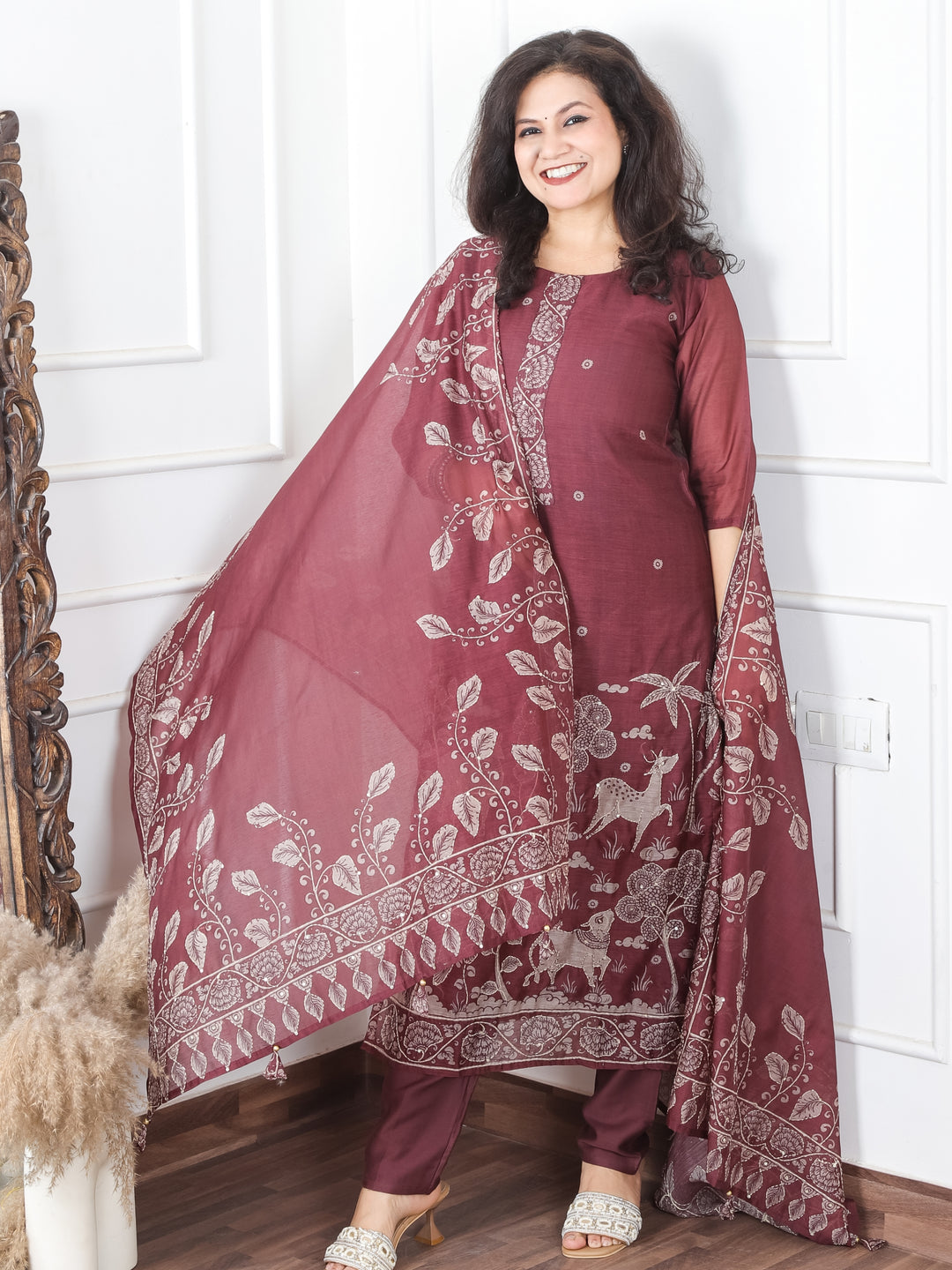 Jiya Burgundy Maroon Digital Printed Hemline with Kantha Detailing Chanderi 3 Piece Set