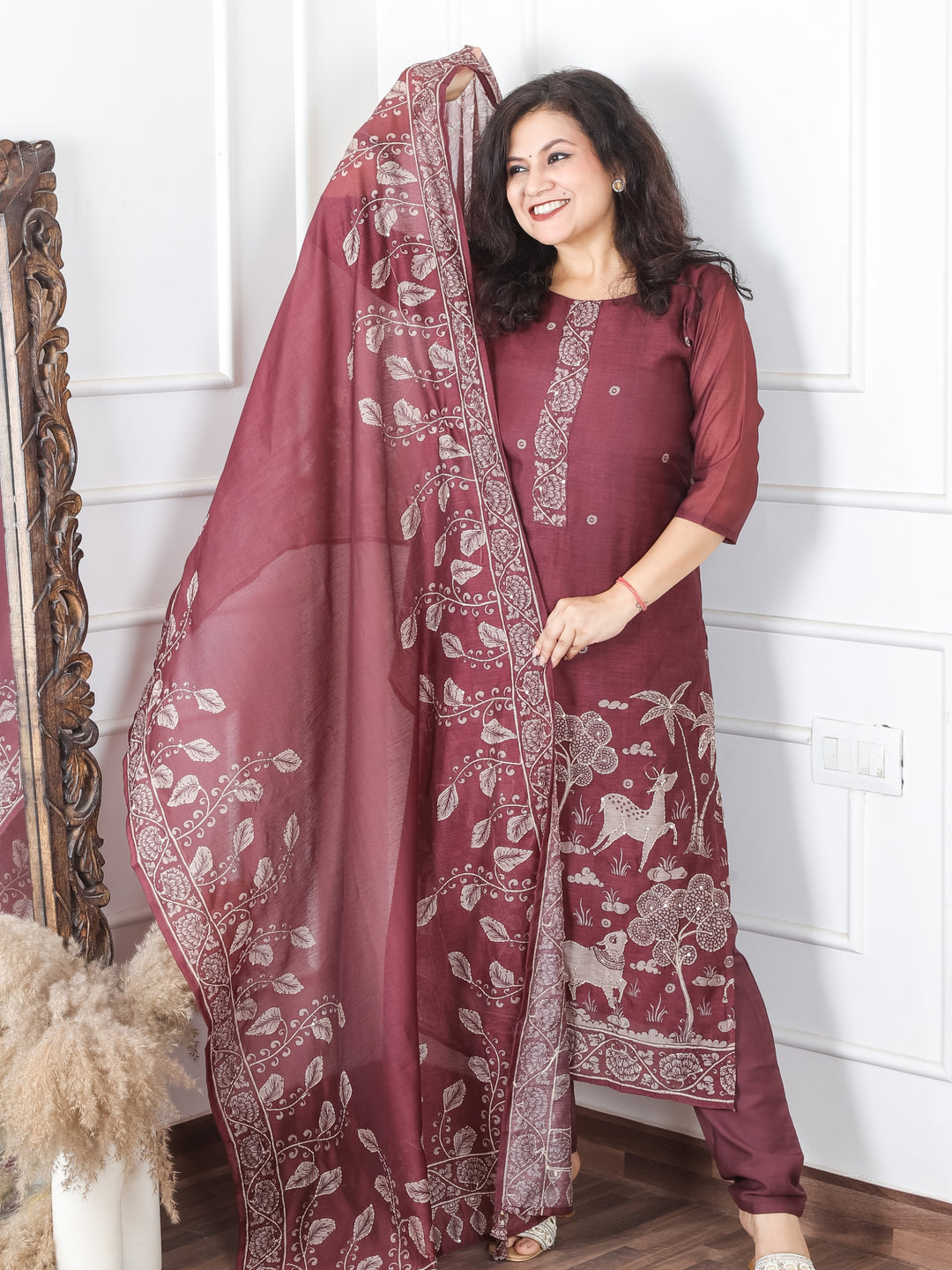 Jiya Burgundy Maroon Digital Printed Hemline with Kantha Detailing Chanderi 3 Piece Set