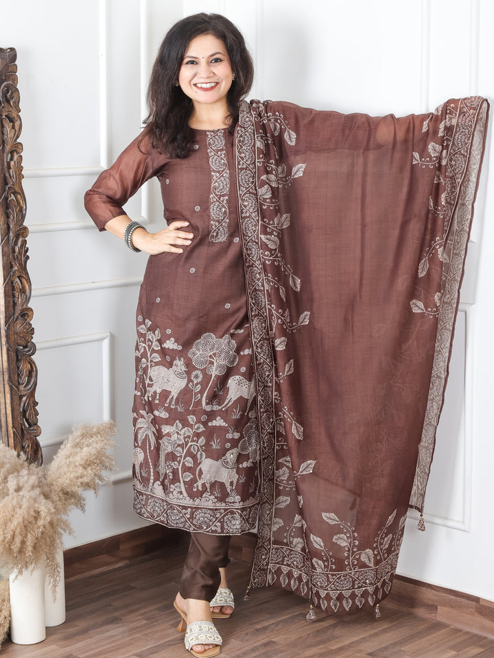 Jiya Chocolate Brown Digital Printed Hemline with Kantha Detailing Chanderi 3 Piece Set