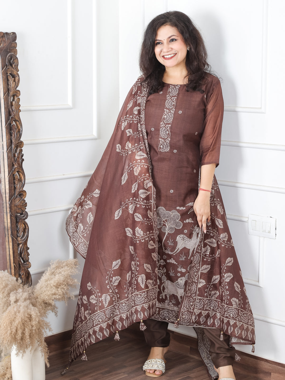 Jiya Chocolate Brown Digital Printed Hemline with Kantha Detailing Chanderi 3 Piece Set