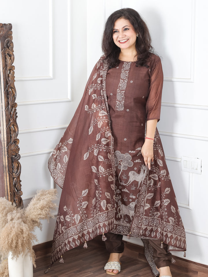 Jiya Chocolate Brown Digital Printed Hemline with Kantha Detailing Chanderi 3 Piece Set