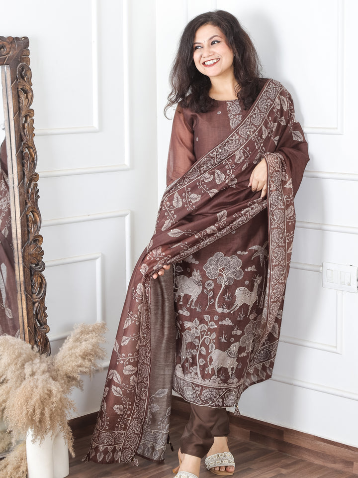 Jiya Chocolate Brown Digital Printed Hemline with Kantha Detailing Chanderi 3 Piece Set