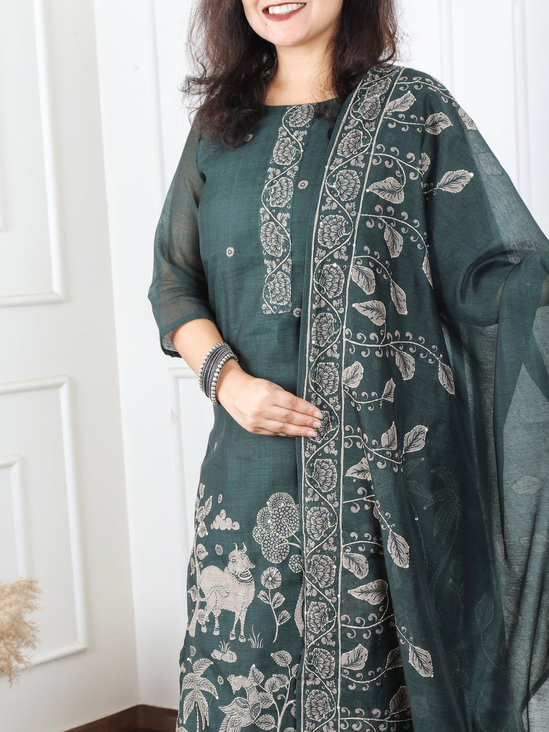 Jiya Sacramento Green Digital Printed Hemline with Kantha Detailing Chanderi 3 Piece Set