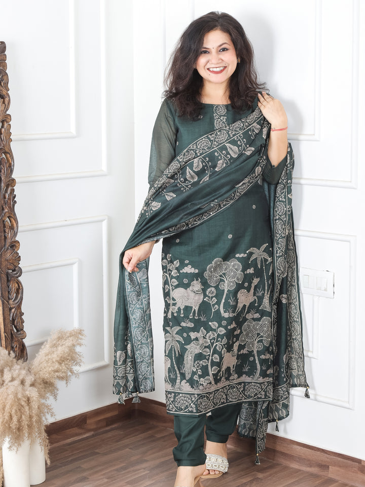 Jiya Sacramento Green Digital Printed Hemline with Kantha Detailing Chanderi 3 Piece Set