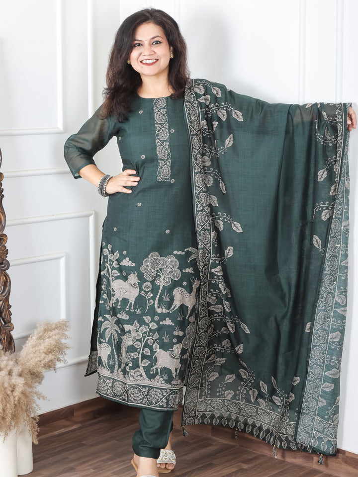 Jiya Sacramento Green Digital Printed Hemline with Kantha Detailing Chanderi 3 Piece Set