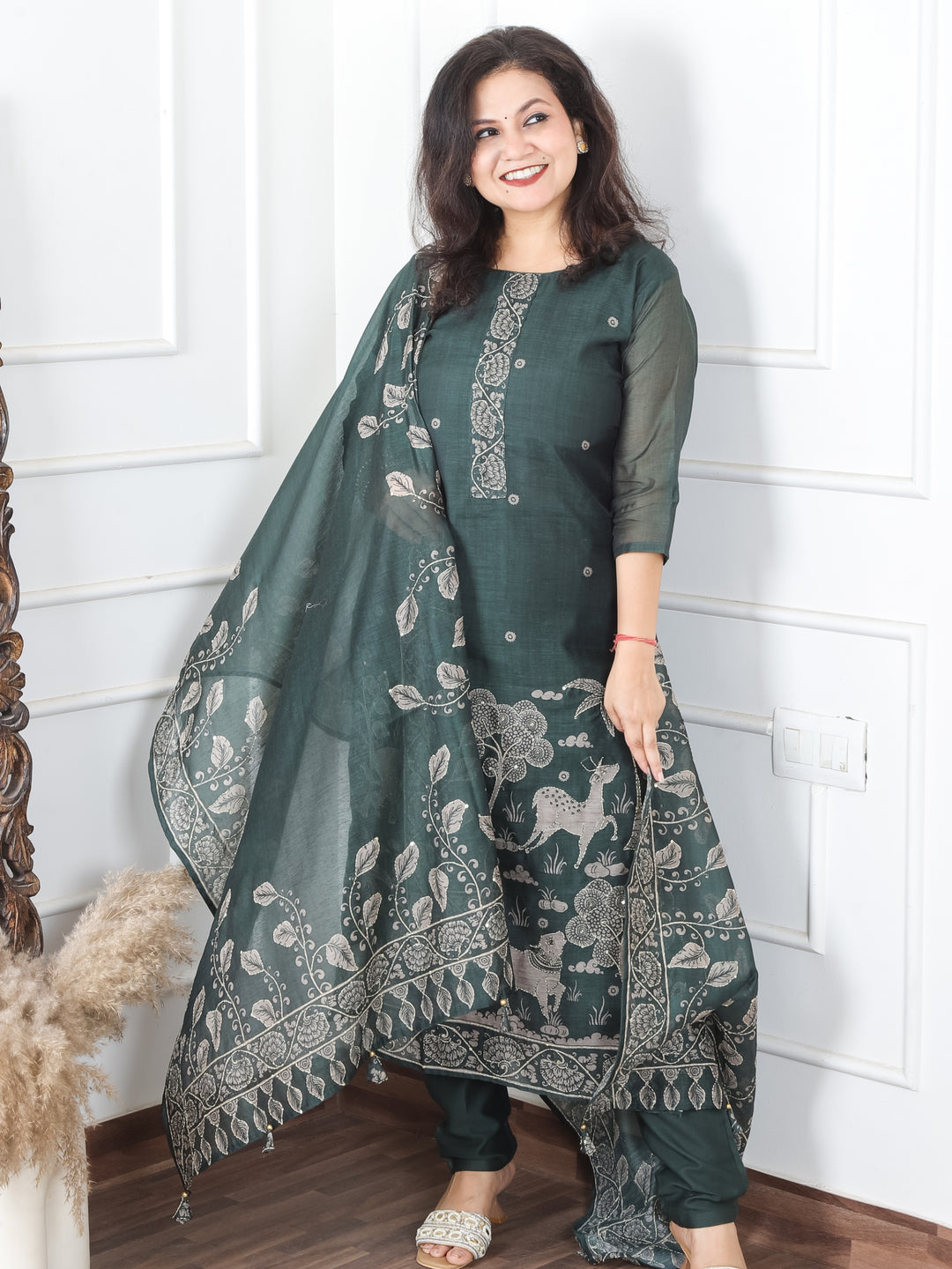 Jiya Sacramento Green Digital Printed Hemline with Kantha Detailing Chanderi 3 Piece Set