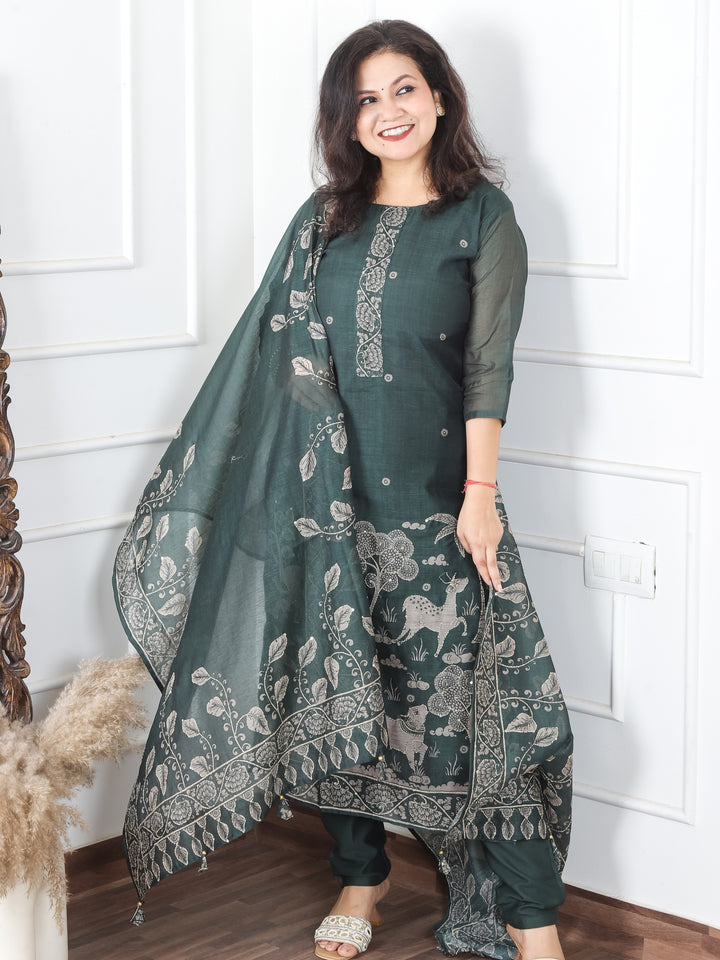 Jiya Sacramento Green Digital Printed Hemline with Kantha Detailing Chanderi 3 Piece Set