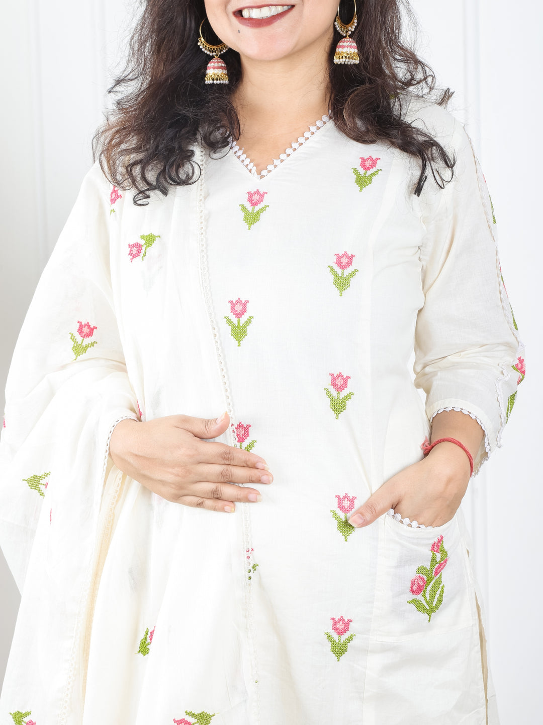 Haseena White V Neck in All Over Cross-Stitch Embroidery in Panel Style Cotton 3 Piece Set