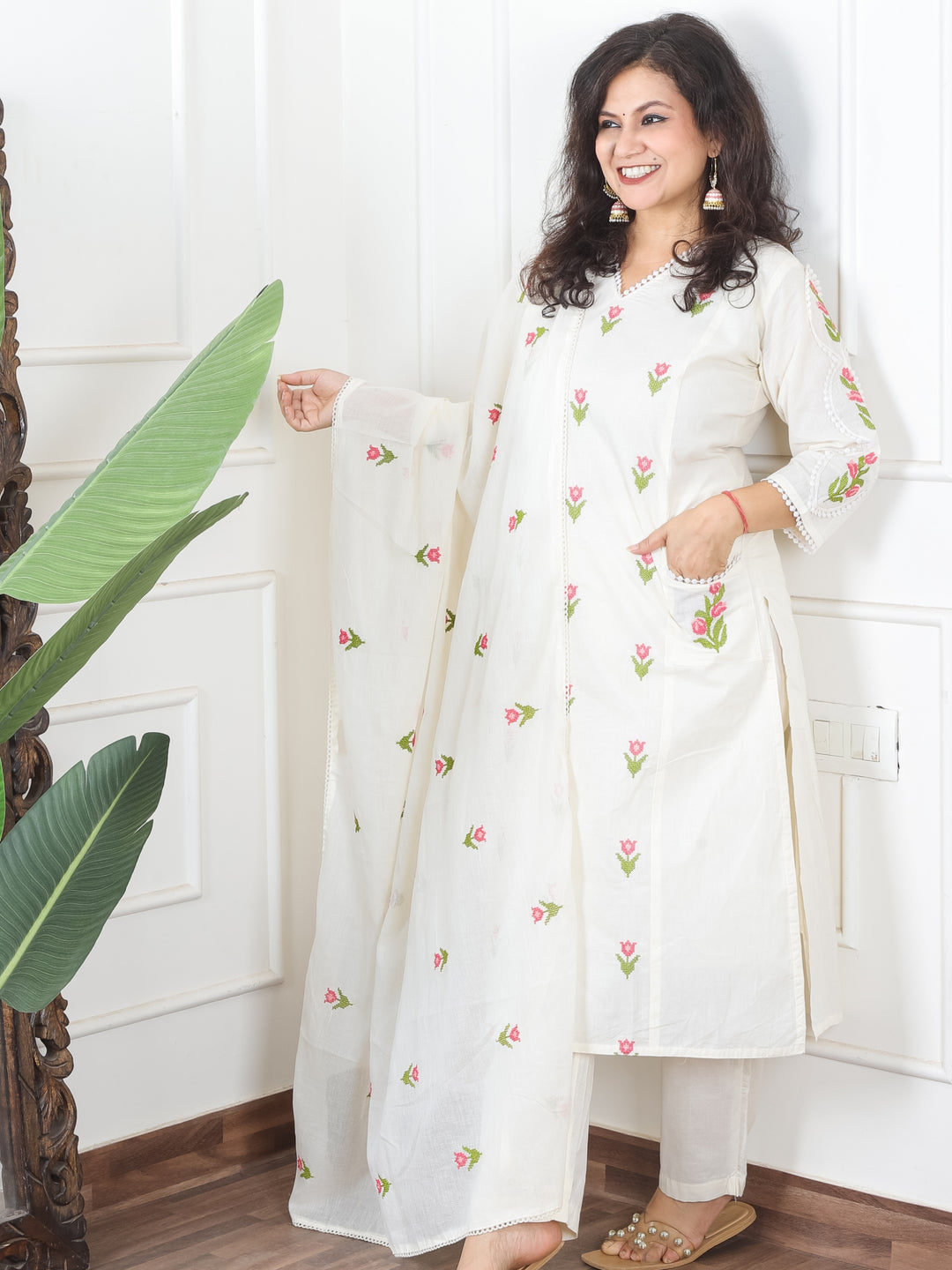 Haseena White V Neck in All Over Cross-Stitch Embroidery in Panel Style Cotton 3 Piece Set