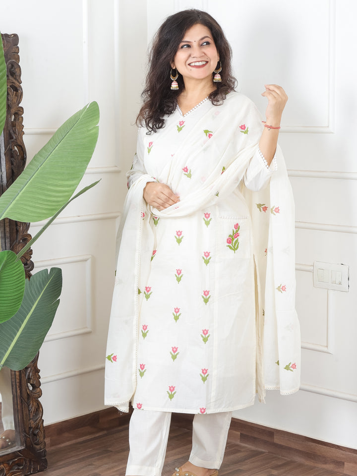 Haseena White V Neck in All Over Cross-Stitch Embroidery in Panel Style Cotton 3 Piece Set