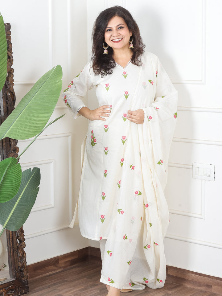 Haseena White V Neck in All Over Cross-Stitch Embroidery in Panel Style Cotton 3 Piece Set