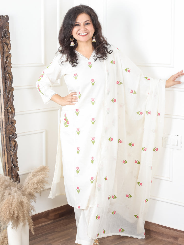 Haseena White V Neck in All Over Cross-Stitch Embroidery in Panel Style Cotton 3 Piece Set