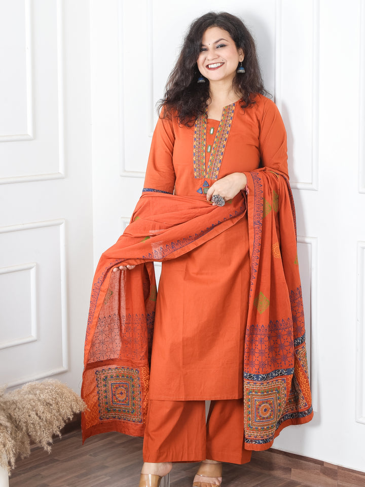 Satvi Rust Orange Embroidered Patch with Mirror Work Cotton 3 Piece Set