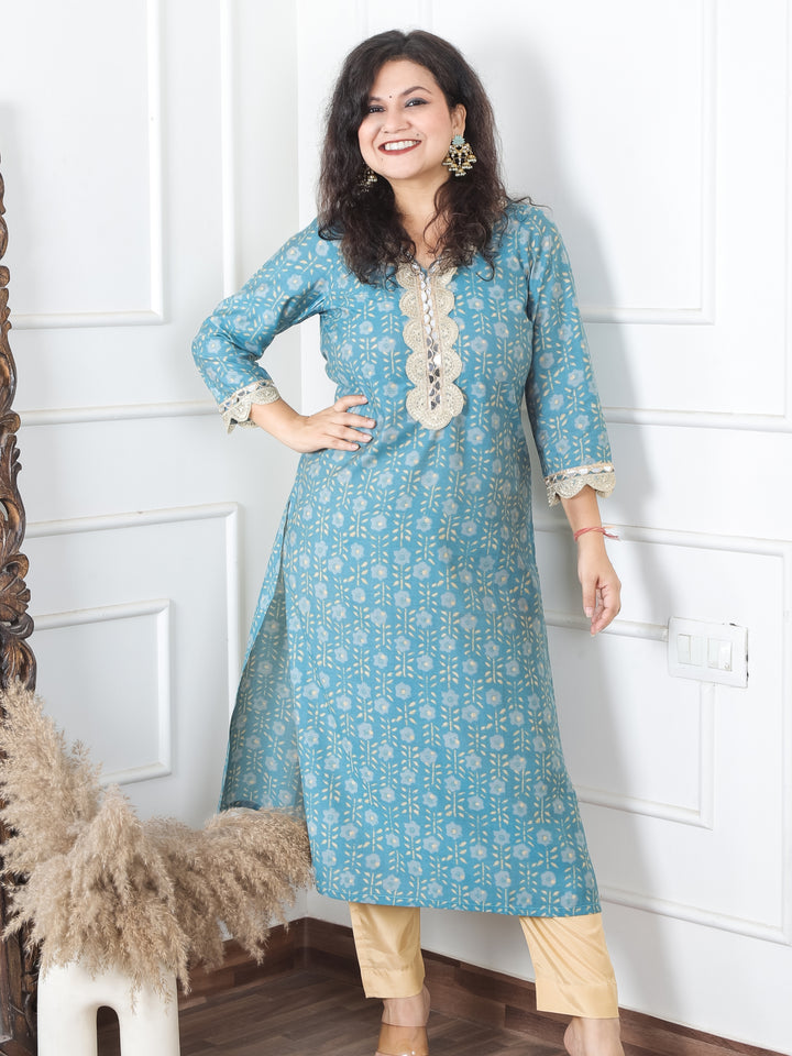 Sohni Turq Teal V Neck with Embellish Mirror Lace and Foil Work Printed Modal Kurti
