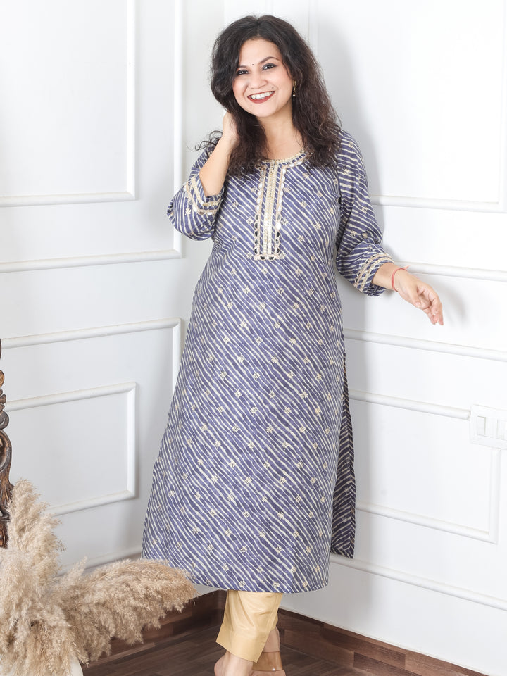 Anika Fossil Grey Round Neck with Mirror Lace and Foil Work Leheriya Modal Kurti