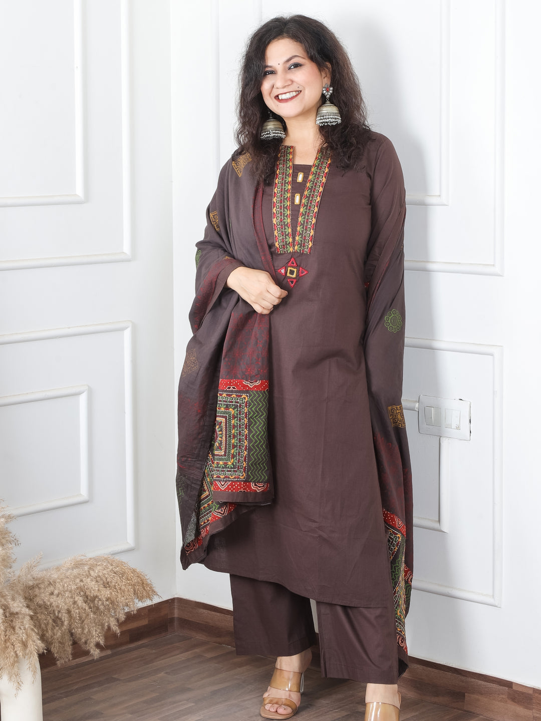 Satvi Taupe Tan Embroidered Patch with Mirror Work Cotton 3 Piece Set